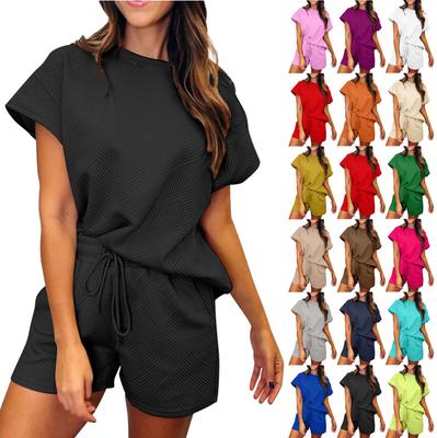 Ladies Casual Fashion Sexy Round Neck Short Sleeve Textured Fabric Shorts Set