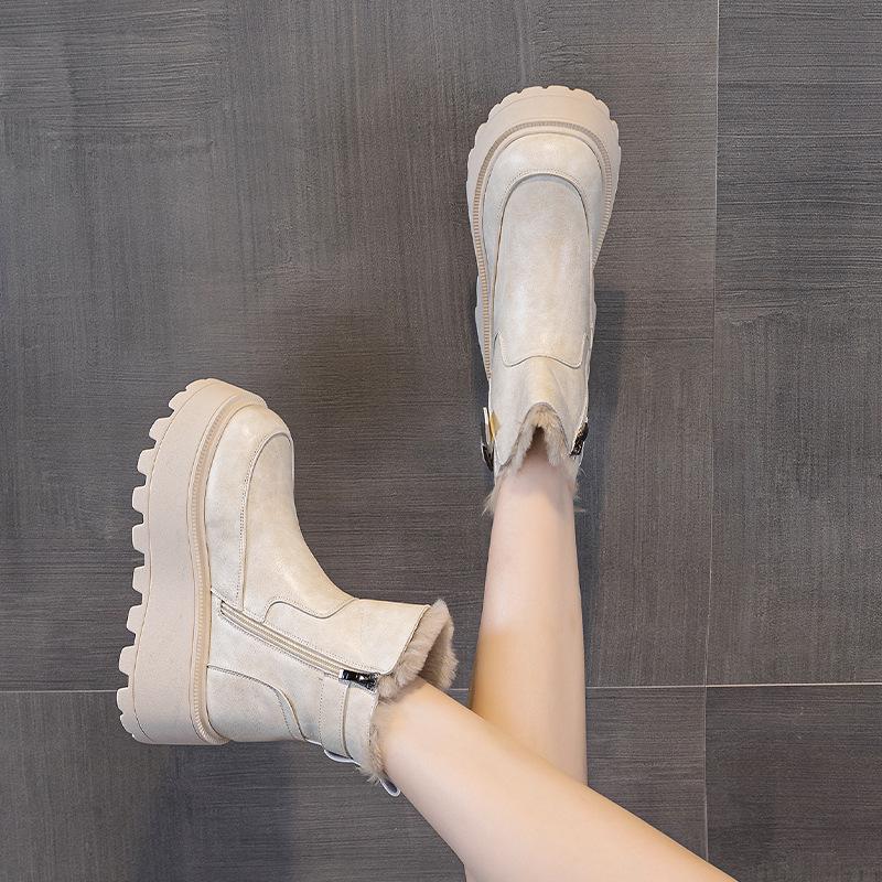 Leather Platform Martin Boots Women's Autumn and Winter New Small Velvet British Retro Short Boots