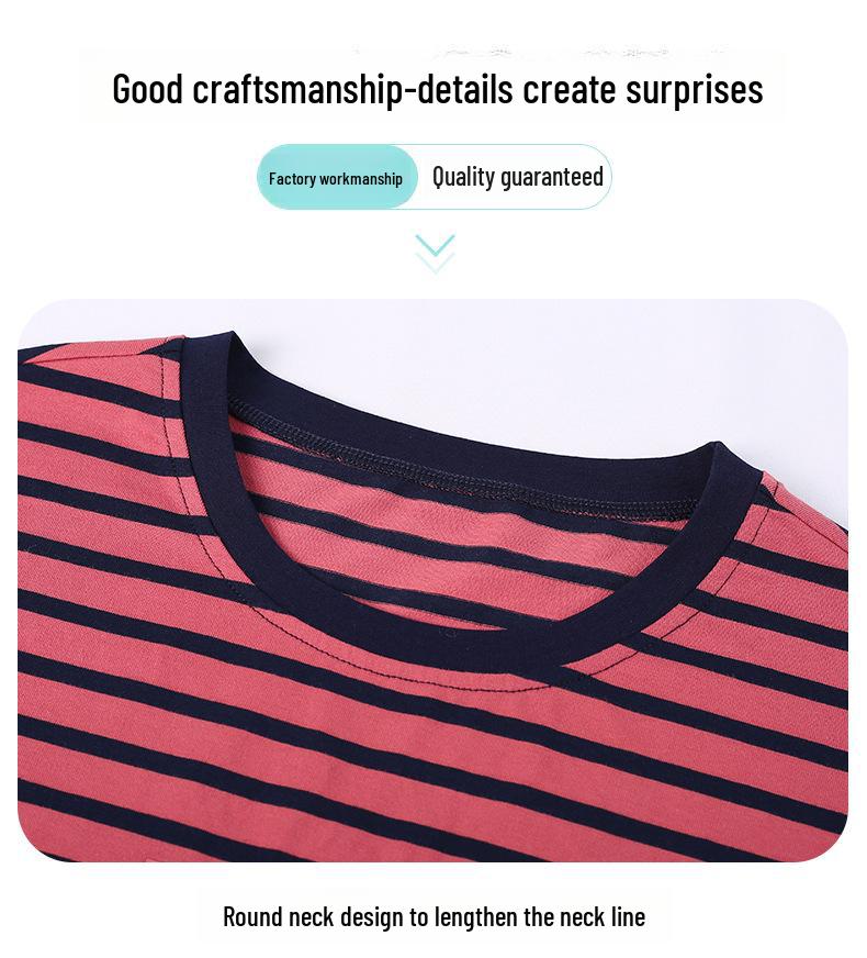 Women's White Striped Pure Cotton Short-Sleeve Round Neck T-Shirt, Summer 2025 Collection, Loose Fit