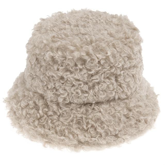 New Outdoor Warm Lamb Faux Fur Bucket Hat Black Solid Fluffy Fishing Cap Fisherman Women Winter