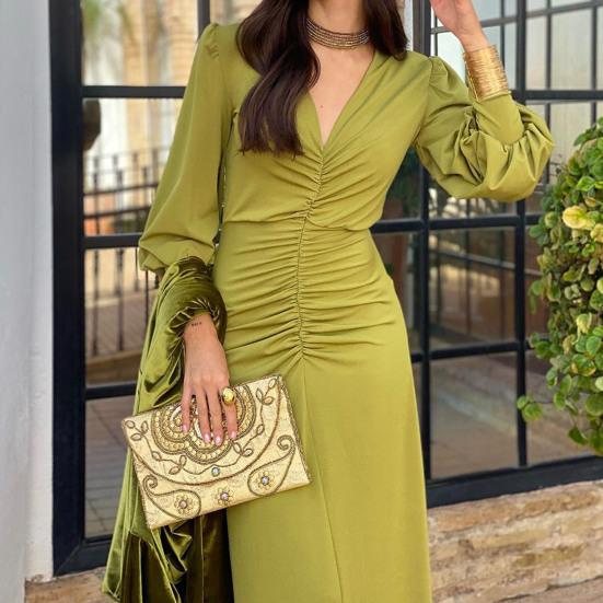 Women's Ruched Bodycon Evening Dress Casual Long Sleeve V Neck Prom Dress Cocktail Party Formal Maxi Mermaid Dress