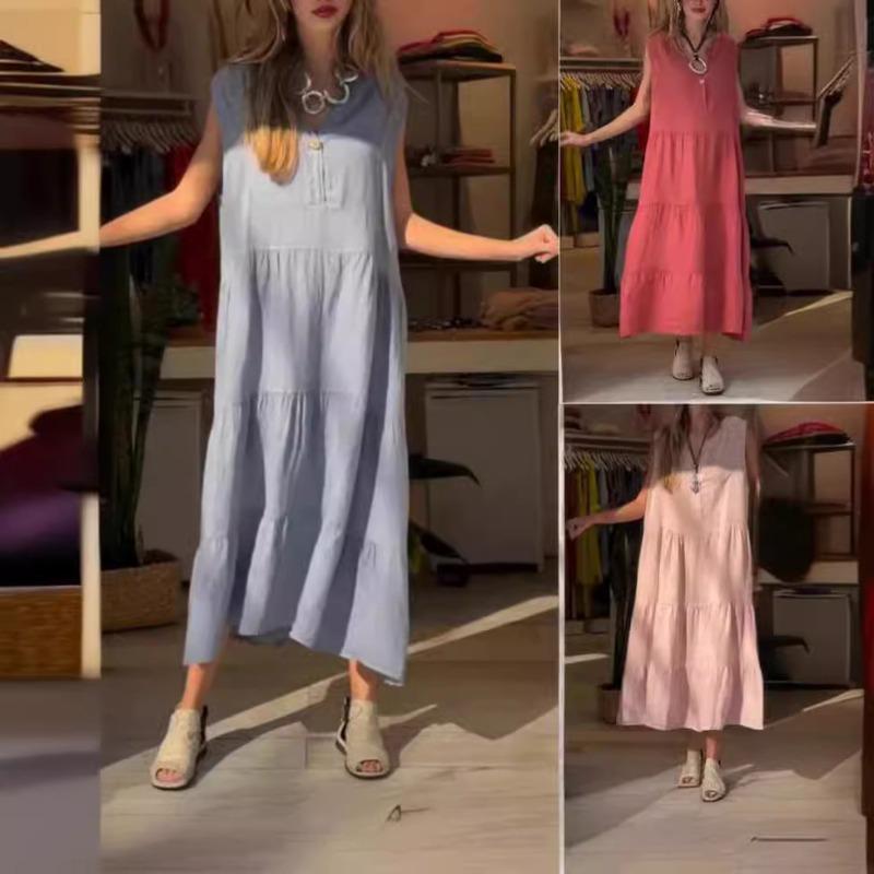 

New Women s Cotton and Linen Dress, Long Skirt, Foreign Trade Women s Clothing 5XL хакі