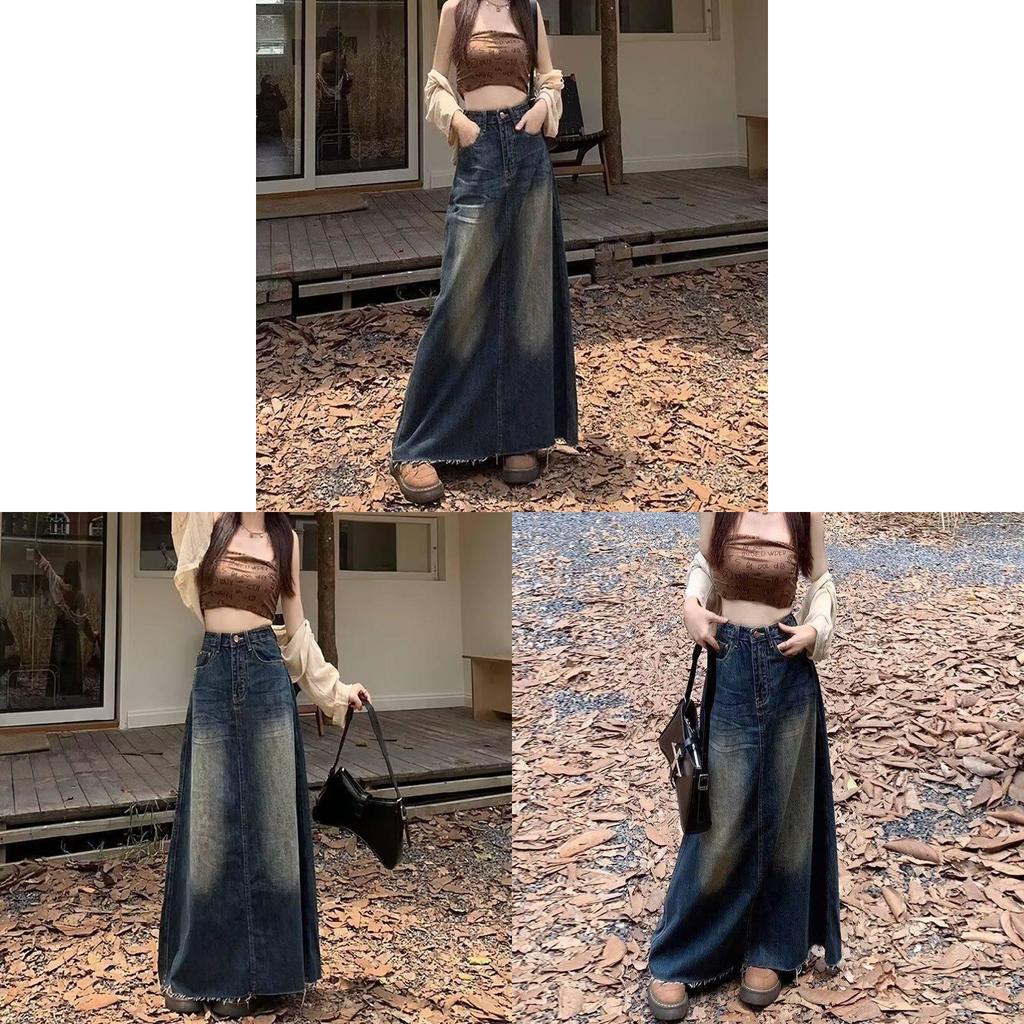 Denim A Line Skirt With Vintage Wash For Casual Wear