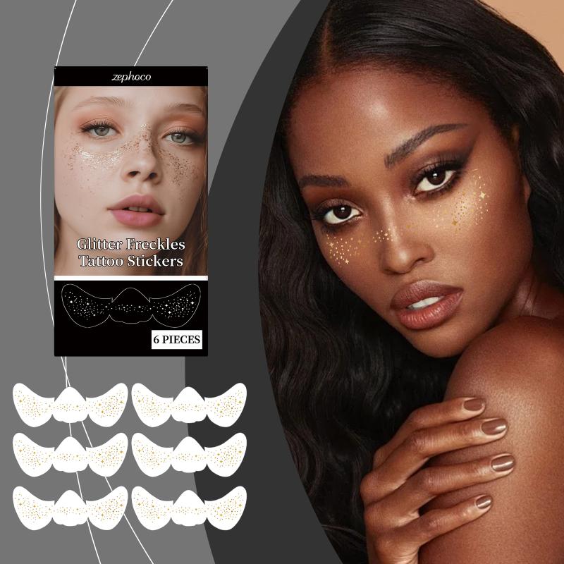 Glitter Freckle Tattoo Stickers for Women Face Waterproof Temporary Makeup Holiday Party Supplies Golden 6pcs Set