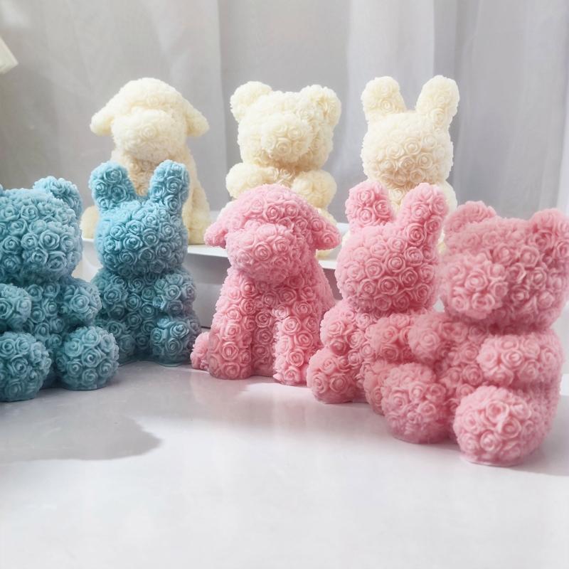 Valentine Silicone Rose Bunny-Mold Aromatherapy Candle Mold Epoxy Animal Plaster Mold for DIY Soap Present Candle Making