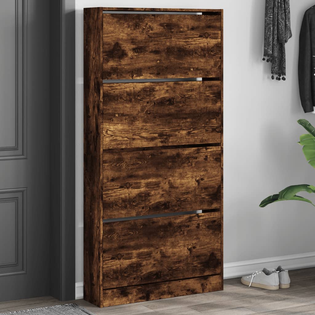 Shoe Cabinet with 4 Doors Smoked Oak Finish 80 x 21 x 163.5 cm