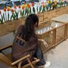 American retro brown cotton t-shirt women's short sleeve summer loose large size oversize couple half sleeve top
