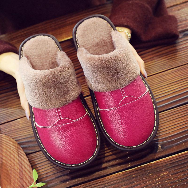 Winter Fleece Warm Puff Slippers Cow Split Leather Unisex Slippers Slip On Soft Bedroom Indoor Flats Men Women Padded Warm Slippers Shoes