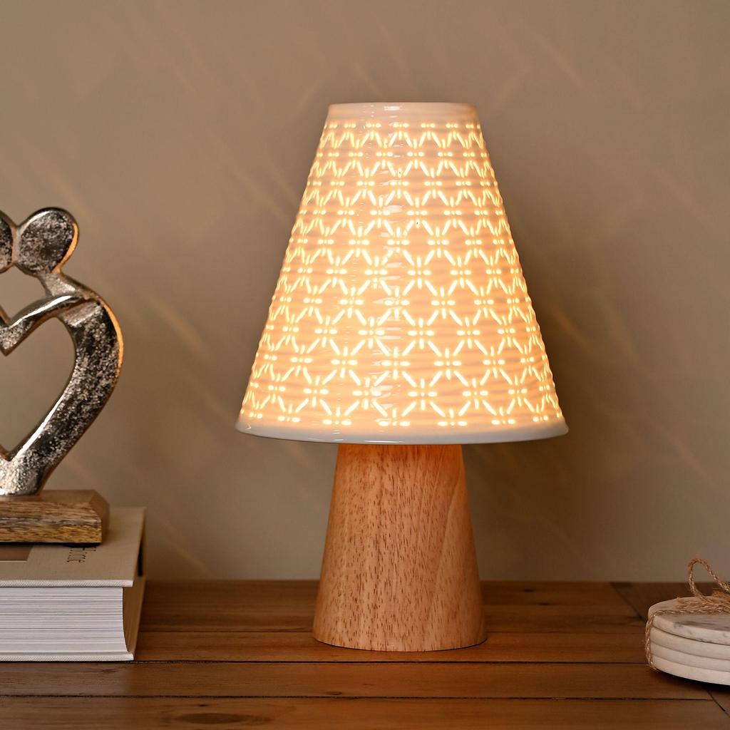 Hestia White Ceramic Table Lamp With Wooden Base