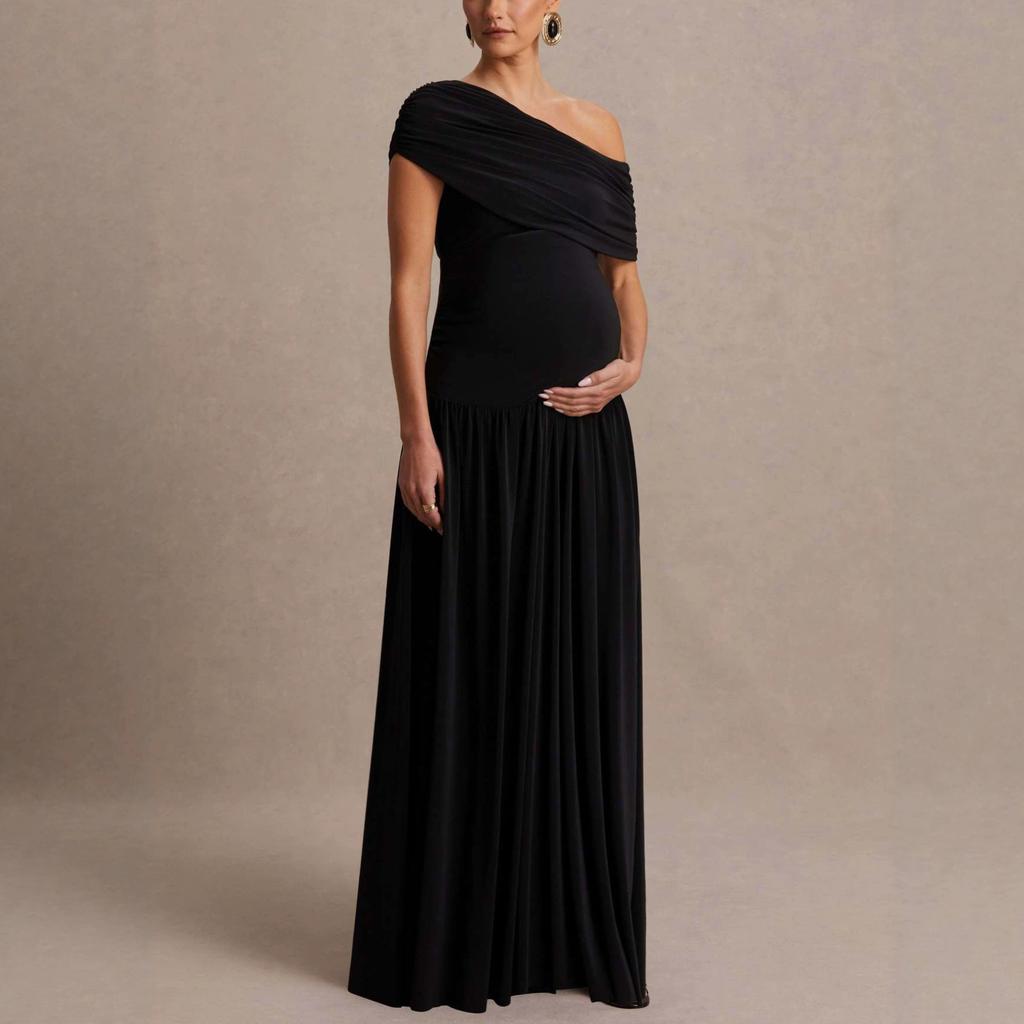 2026 spring new European, American and Amazon cross-border foreign trade women's slanted shoulder waist dress pleated solid color casual dress