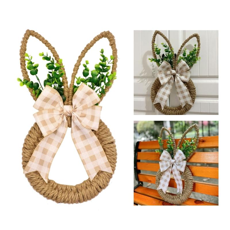 Easters Themed Florals Garlands Cartoon Rabbit Shaped Wreath for Front Door or Wall Decoration Seasonal Accessory