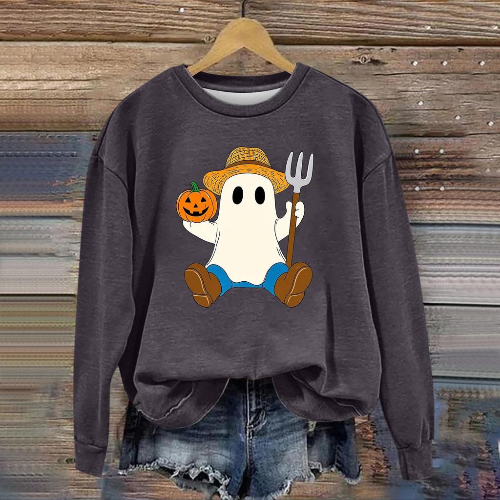 Women's Fashion Long Sleeve Halloween Print Round Neck Sweatshirt Top