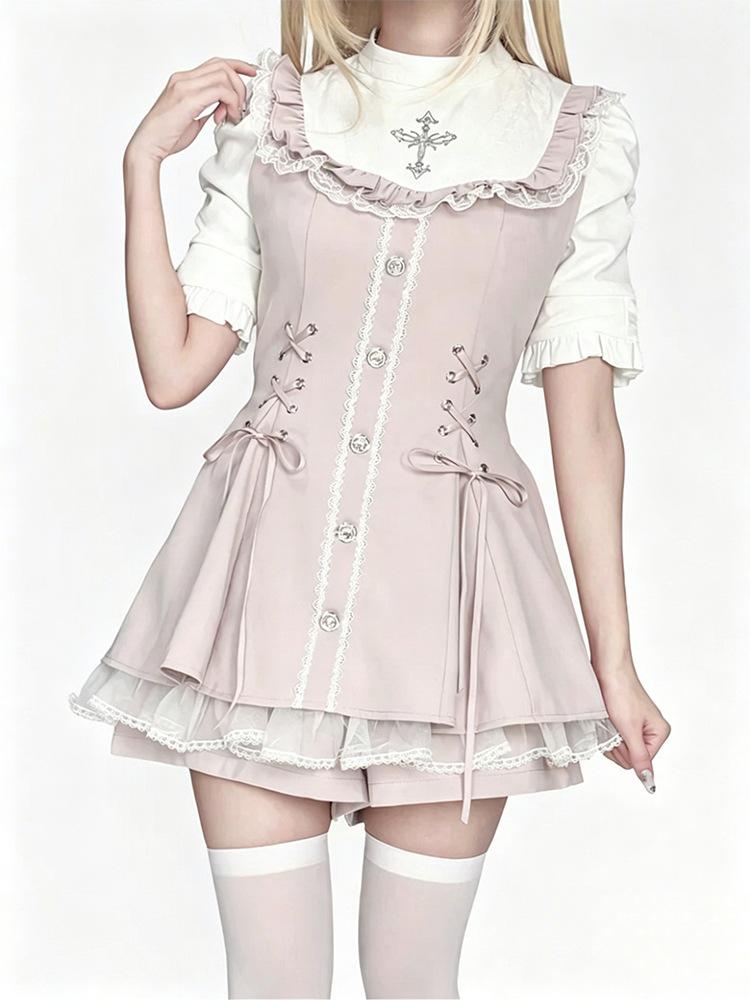Snowflake Time: Japanese Lolita Stand-Collar Dress Set with Bib & Bow Tie