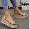 Spring and summer new rivet glossy wedge sandals women's one-word with buckle muffin thick-soled large-size women's sandals