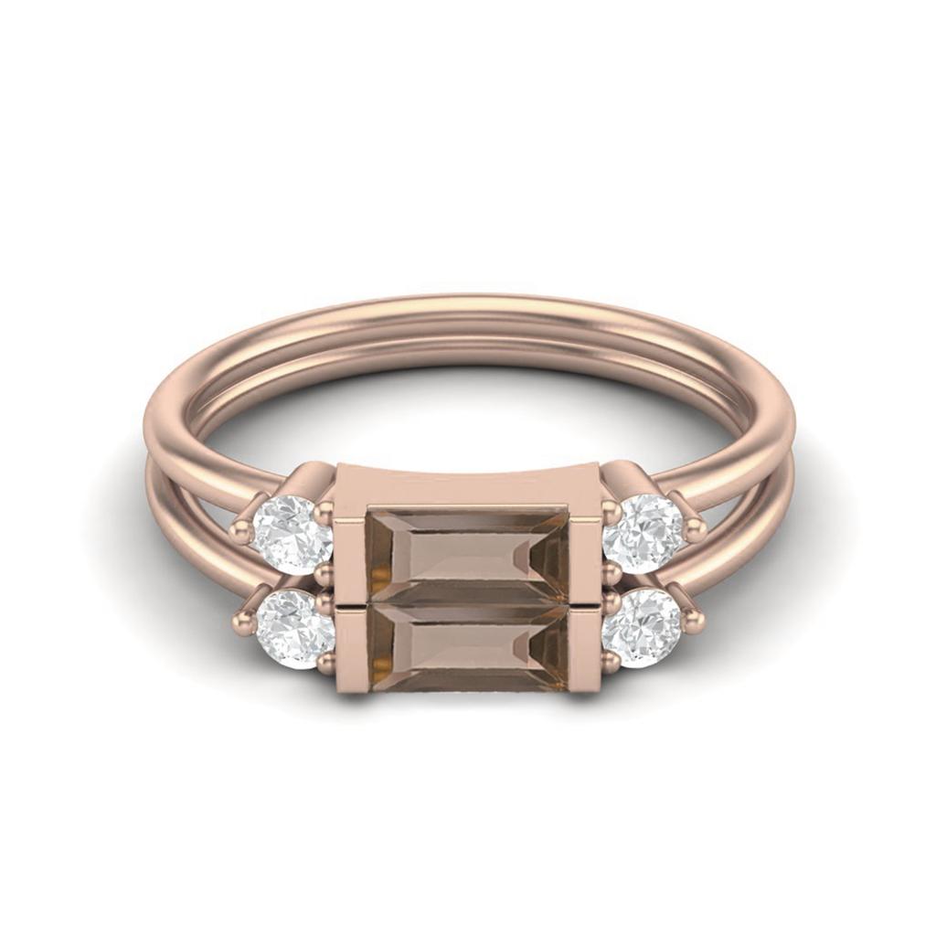 1.52 Ctw Baguette Smoky Quartz 925 Sterling Silver Rose Vermeil Dual Spilt Shank Women Wedding Ring