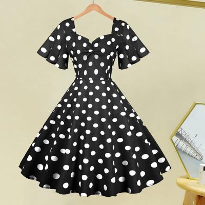 Women Evening Dress Retro Color Matching Dot Print A-line V Neck Big Swing Short Ruffle Sleeves Tight High Waist Back Zipper Party Prom Midi Dress