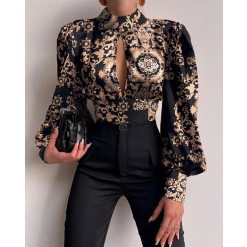 Elegante Blusa da Donna Casual Stampa Barocca Manica a Lanterna Arricciata Top Senza Schiena Manica Lunga Camicie da Festa Femme Abbigliamento da Lavoro