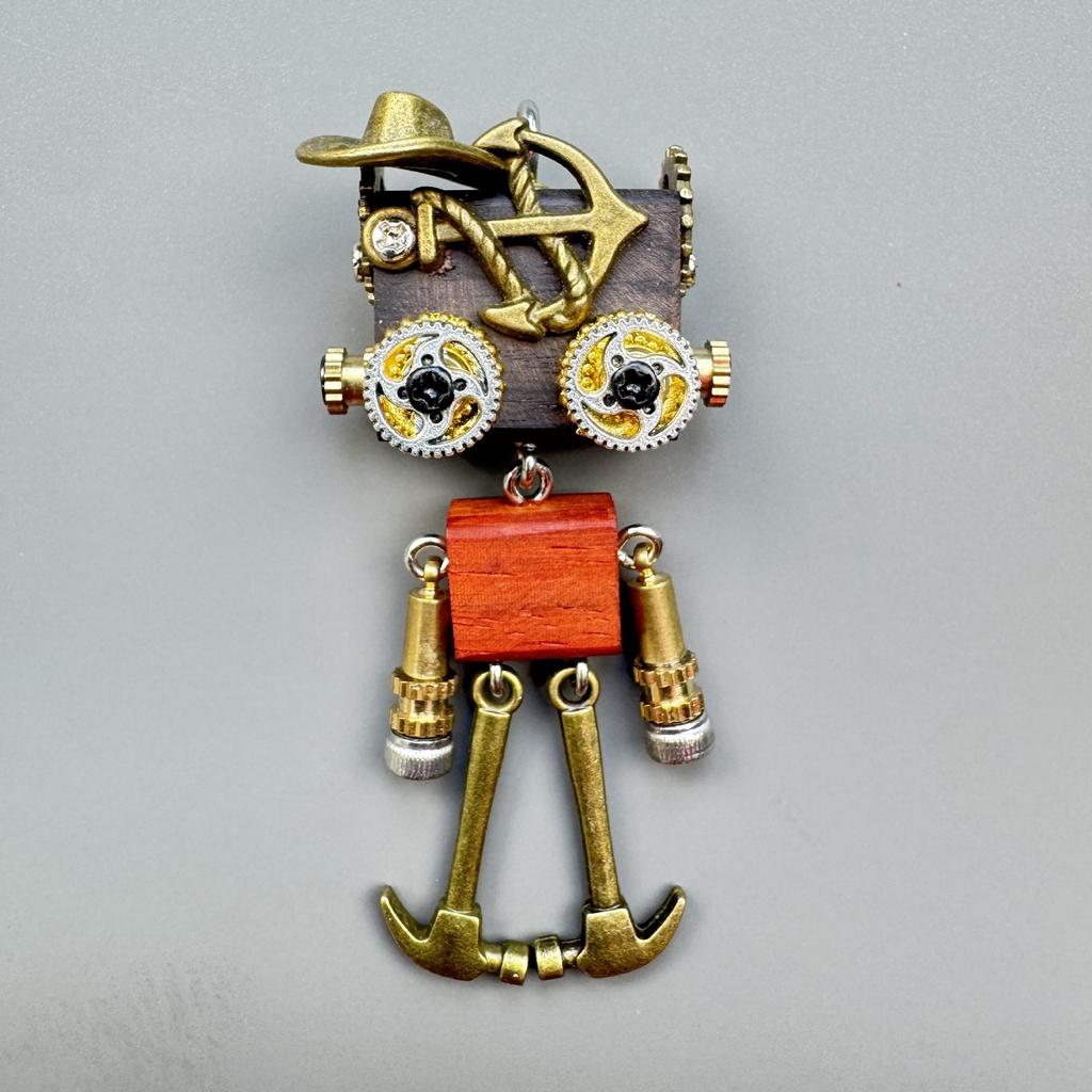 Handmade Rustic Wood Punk Robot Bamboo Chain Pendant Necklace with Keychain Ornament for Birthday Anniversary Unisex Boys Girls