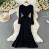 Retro V-Neck Thick-Knit Dress for Women Autumn Winter Elegant Solid Twist Jacqurd Slim Sweater Fishtail Dress