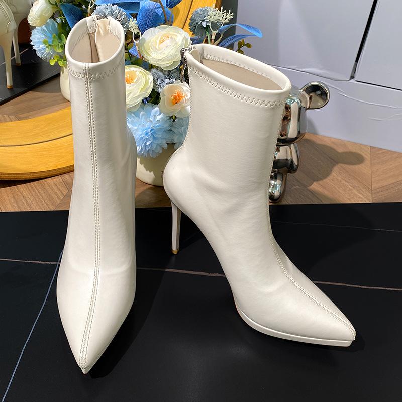 Autumn and winter nude thin boots high heels women's thin heels temperament short boots waterproof table suede pointed elastic boots