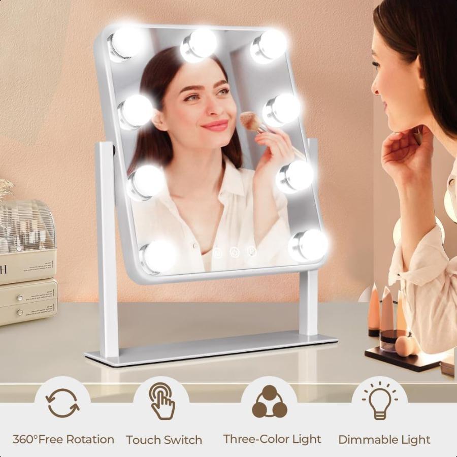 Hollywood Vanity Mirror with LightsTabletop Makeup Mirror with 9 LED Lights Smart Touch Control 3 Colors Light 360Rotation Deta
