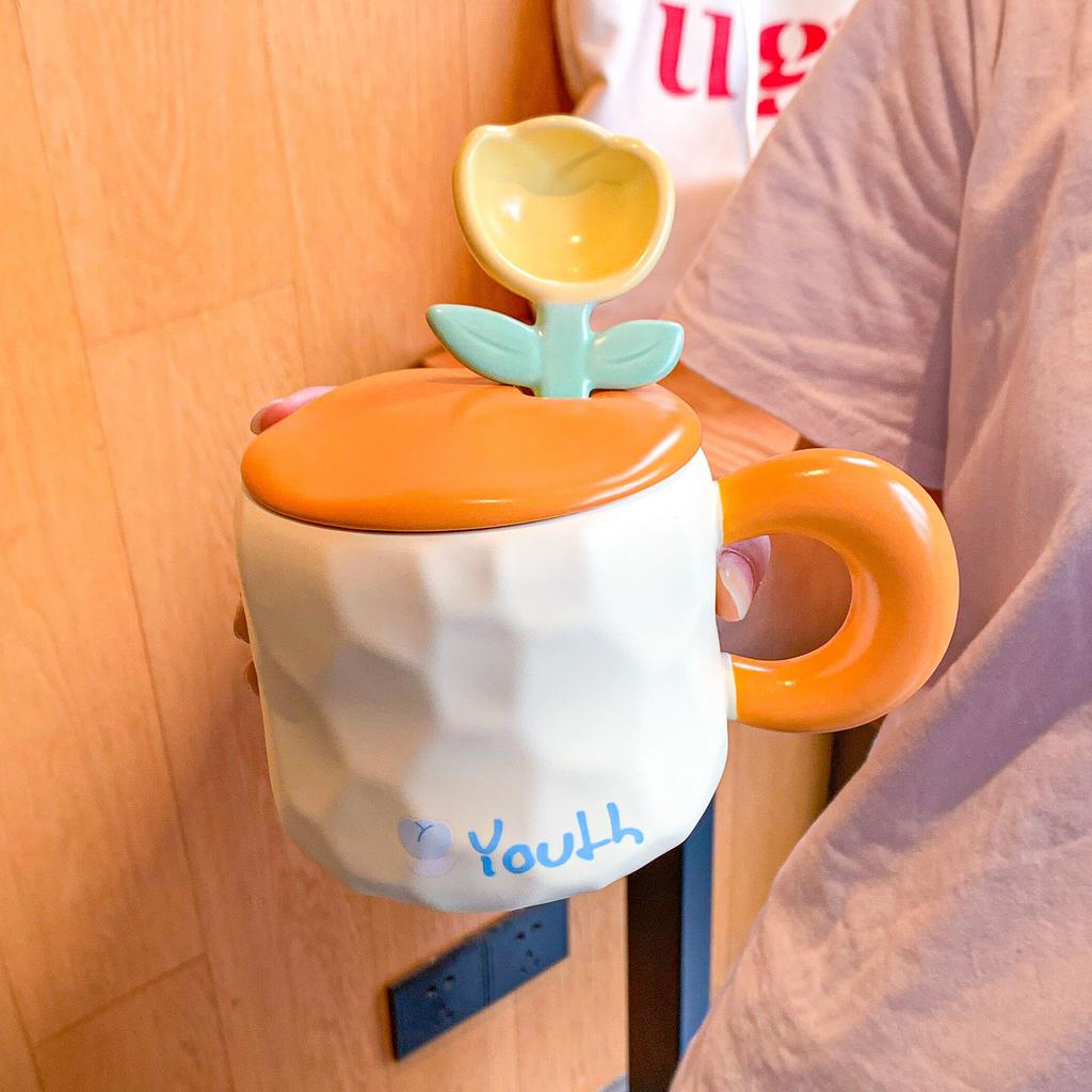 Tulpenbecher mit Deckel Löffel mit Hohem Aussehen und Niedlicher Heim Büro Mädchen Keramik Trinkbecher Souvenir