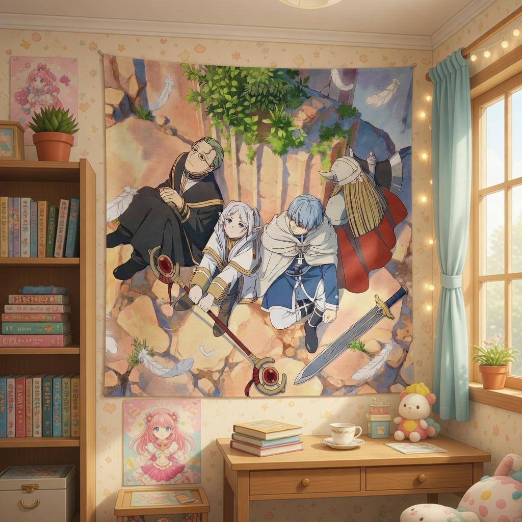 Fantasy Adventure Hero Party Tapestry Flat Print Anime Elf Girl Wall Art For Bedroom Dorm Aesthetic Room Decor Gift