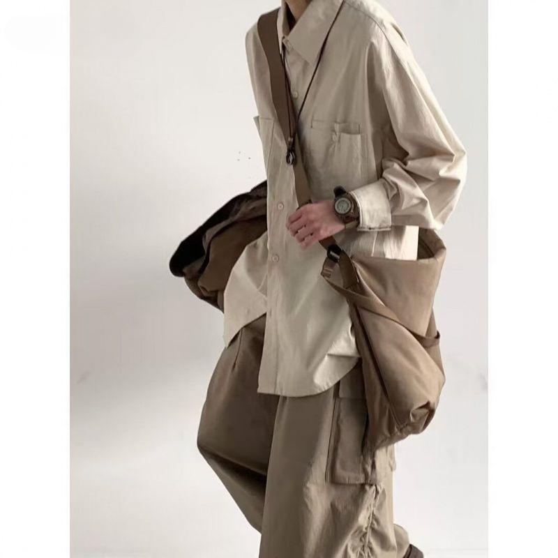Japanese Vintage Tooling Shirt for Men In Spring and Autumn with Loose American Silhouette Long-sleeved Design Shirt