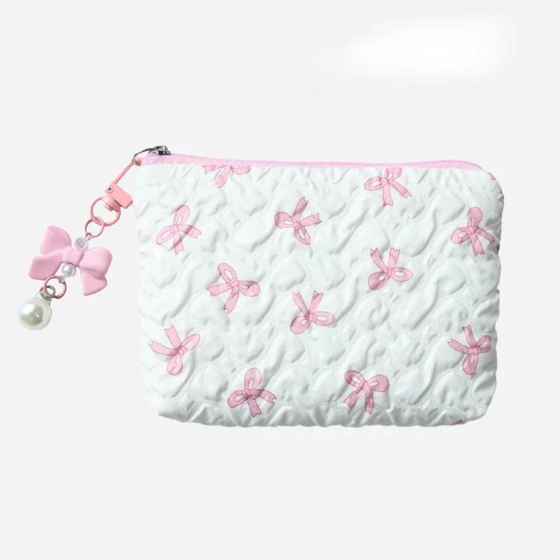 Cute Pink Bow Makeup Bag Mini Storage Case for Lipstick Card Sanitary Napkin Holder Women's Cosmetic Pouch