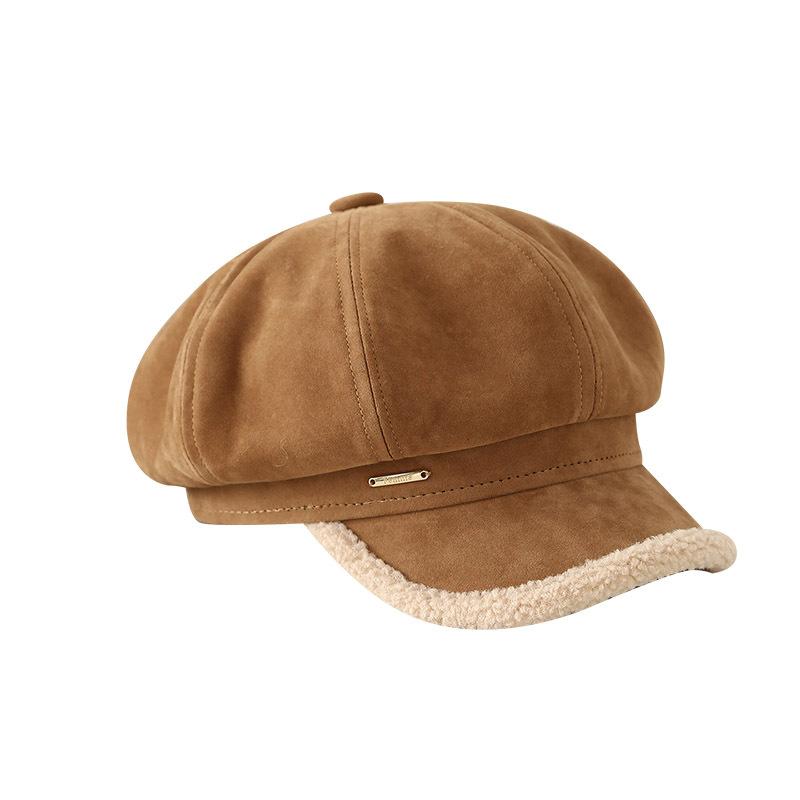 Autumn and winter suede composite burr octagonal hat women's thickened warm retro letter label newsboy hat fashion cap