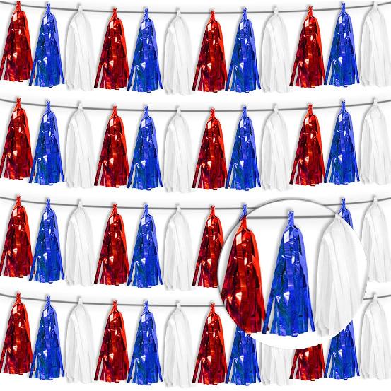 4P Lake Blue Purple-Hot Pink Tassel Banner Garland Metallic Foil Fringe Banner Tel Tassels Streamer Banner Backdrop for Parade Floats,Graduation