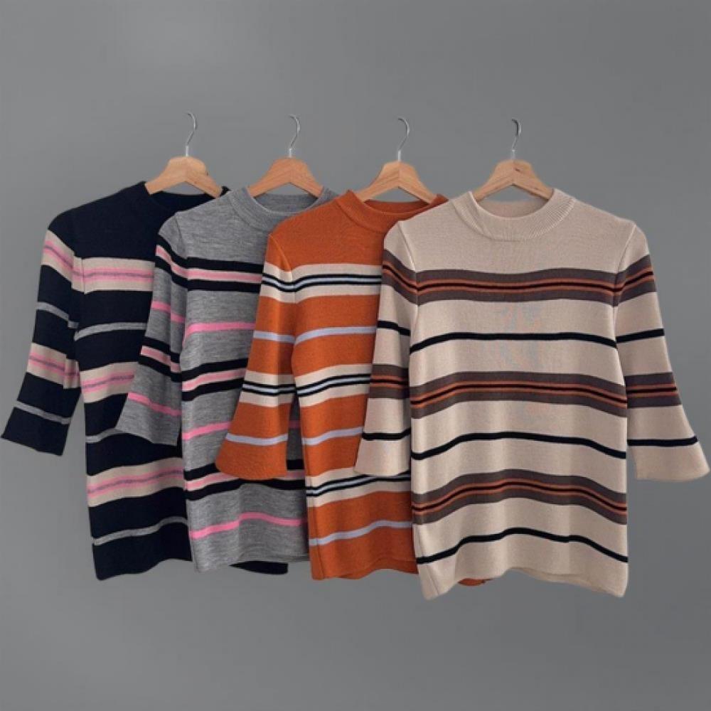 New Arrivals Open Run Women Mock Neck Color Block Stripe 7 8 Sleeve Loose Fit Kn