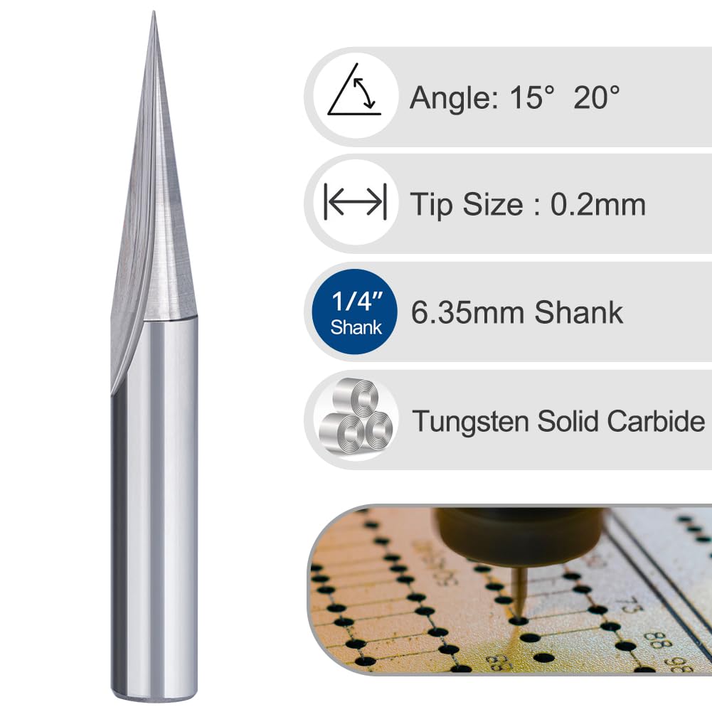 CNC Engraving Bits Wood Carving Router Bit 1/4'' Shank 15 Degree Carbide 2 Flutes 0.2mm Tip Detail Carving Liner V-bit Woodworking Router Tool for