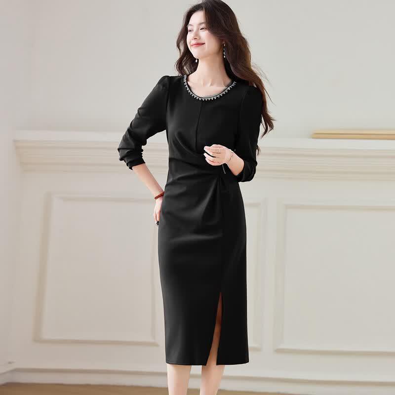Sanpowa Elegant Beaded Pleated Long-Sleeve Midi Dress with Slit M