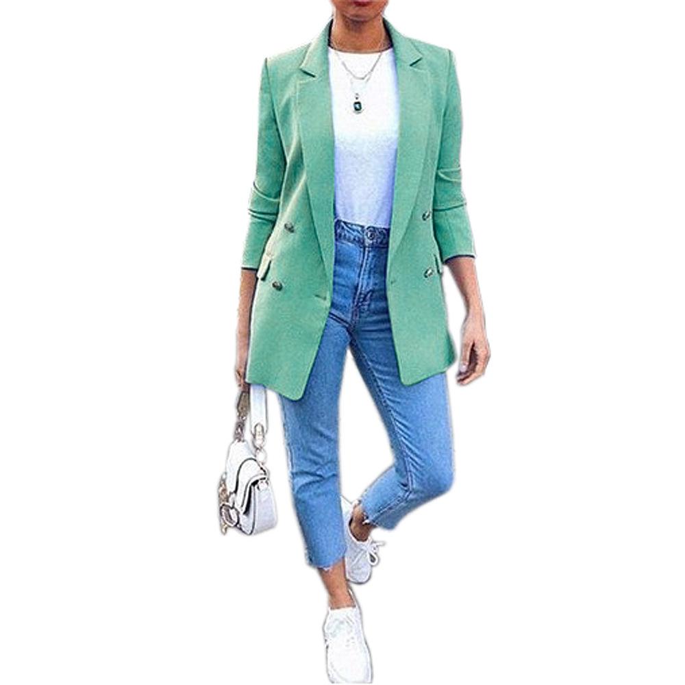 Solid Color Fashion Lapel Cardigan Mid-length Temperament Suit Jacket Women s Buttons S