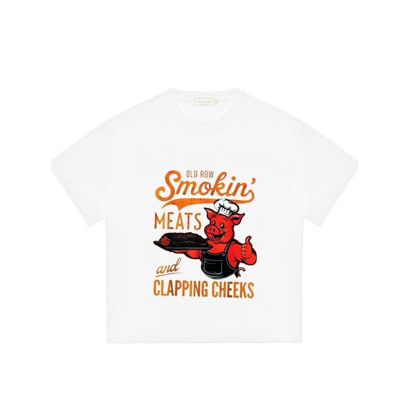 Crewneck T Shirt Black Smokin Meats and Clapping Cheeks Pig Chef Graphic Print Casual Wear for Men and Women