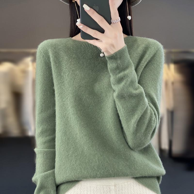 Podzimní/Zimní Dámský Volný Pletený Vlněný Svetr s Kulatým Výstřihem, Jednobarevný Top s Dlouhým Rukávem.