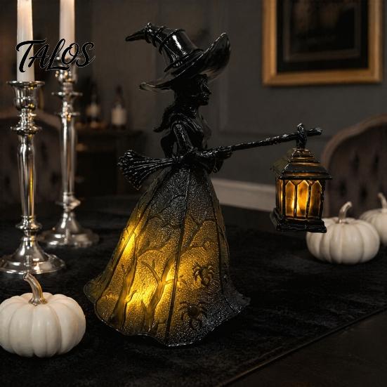 Gothic Halloween Decorations Witch Holding Lantern Light, with Spider Web Pattern Decor, Vintage Style Resin Glowing Sculpture, for Indoor And Outdoor