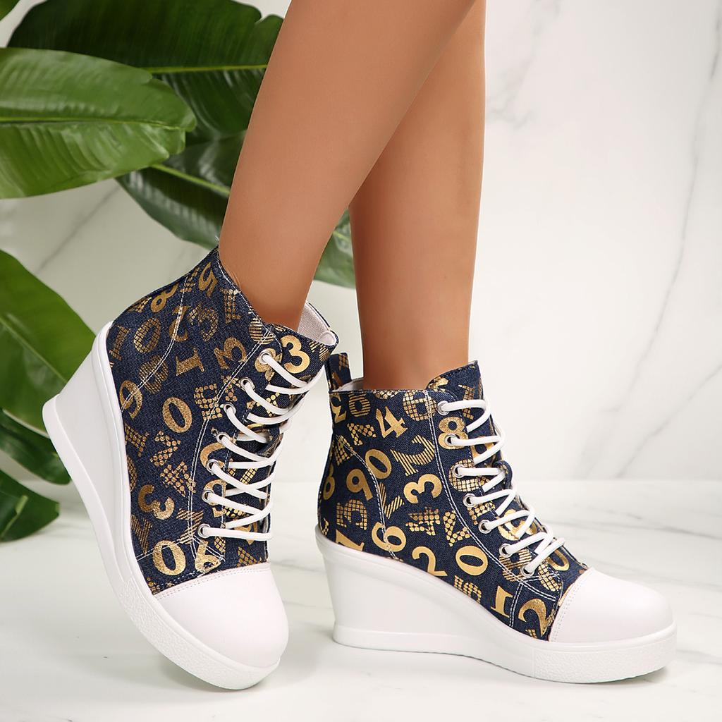 Sexy Leopard Wedge Heel Lace Up Canvas Shoes Women 2025 Autumn Round Toe Medium Heel Shoes Thick Bottom Ankle Boots