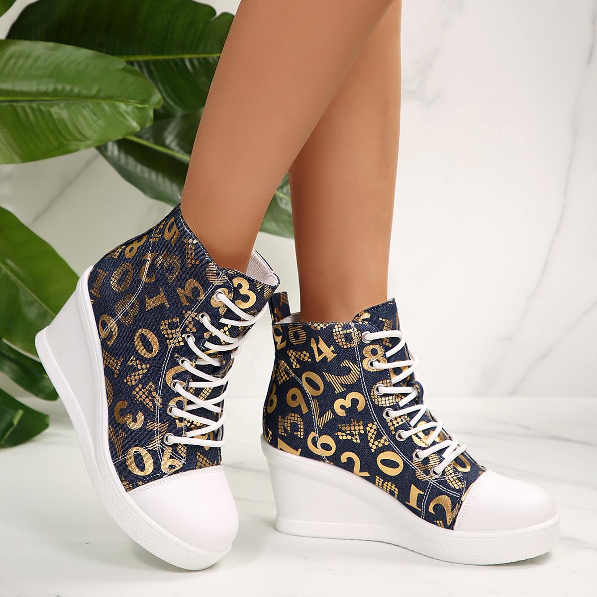 Sexy Leopard Wedge Heel Lace Up Canvas Shoes Women 2026 Autumn Round Toe Medium Heel Shoes Thick Bottom Ankle Boots 35 золотой 4300₽