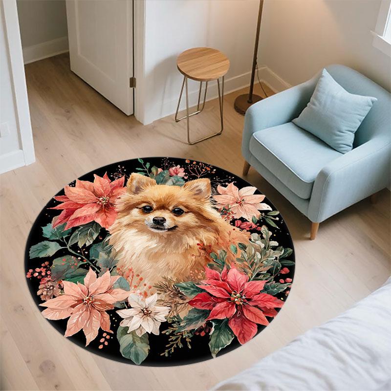 Pomeranian & Flowers pattern round rug,Carpet Rug for Living Room Bedroom Playroom ,Non-slip Floor Mat,Holiday Gifts and Birthday Gifts.