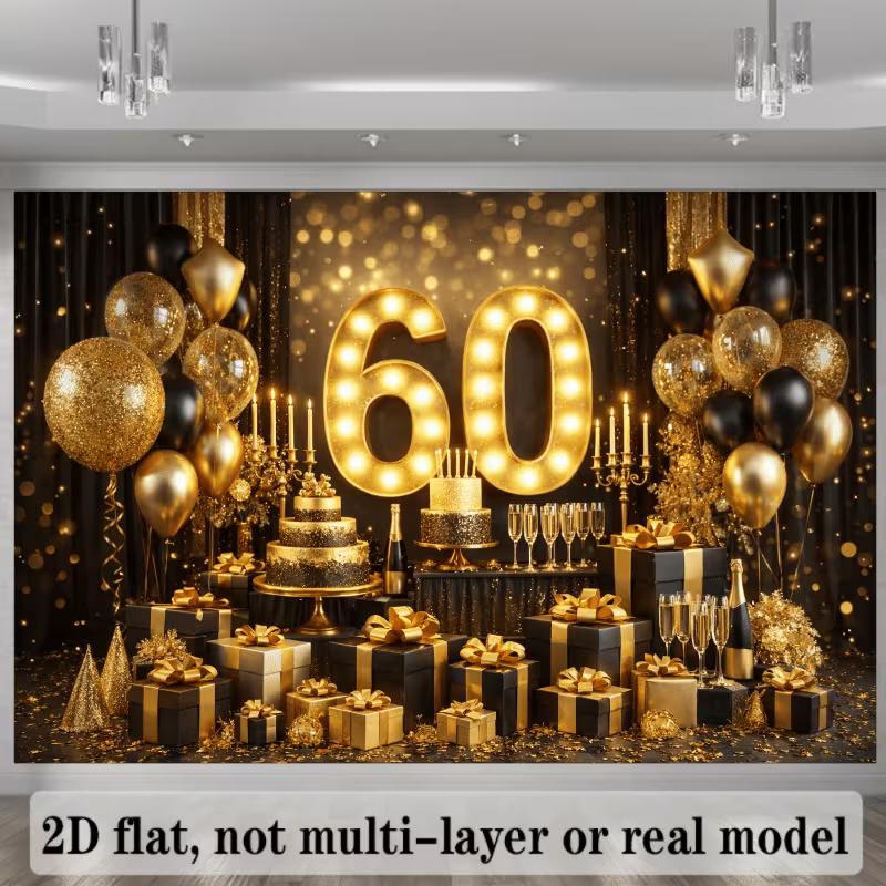 Sfondo Fotografico 2D Elegante Nero Oro Glitterato per 60° Compleanno