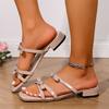 Fashion Bowtie Shiny Crystal Decor Flat Sandals for Women Plus Size Patent Leather Square Toe Slippers Summer Light Comfort Casual Shoes