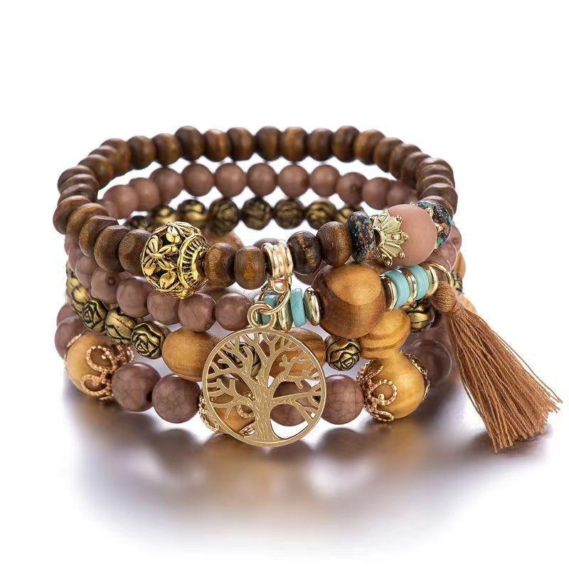 Boho Multi-layer Wood Beaded Bracelet Stretch Bracelet Handkerchief Decoration European and American Jewelry