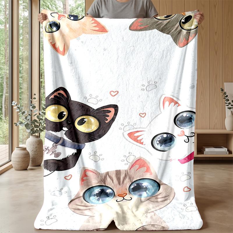 Cats In Cartoon Style Blanket Personalized Name Flannel Blanket Soft Cozy Plush Throw for Sofa Bed Lightweight Home Decor