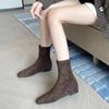 2024 Nya Damskor Knähöga Damstövlar Koncisa Moderna Stövlar Damer Sömnad Fyrkantig Tå Kilklackar Slip-on Mellanhöga Stövlar Kvinna