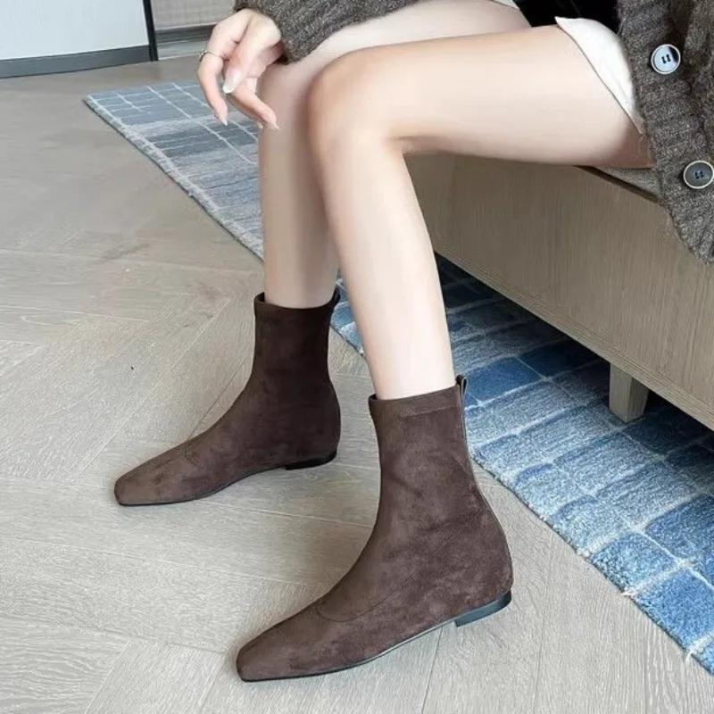 2024 Pantofi noi de damă Ghete de damă până la genunchi Ghete moderne concise pentru femei, cusut cu vârfuri pătrate, pantofi cu slip on la jumătatea gambei, pentru femei