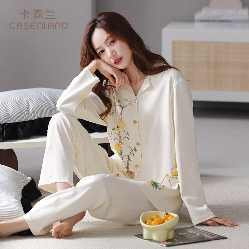 Pajamas women's spring and autumn pure cotton long-sleeved suit autumn new cotton women's retro cardigan loungewear