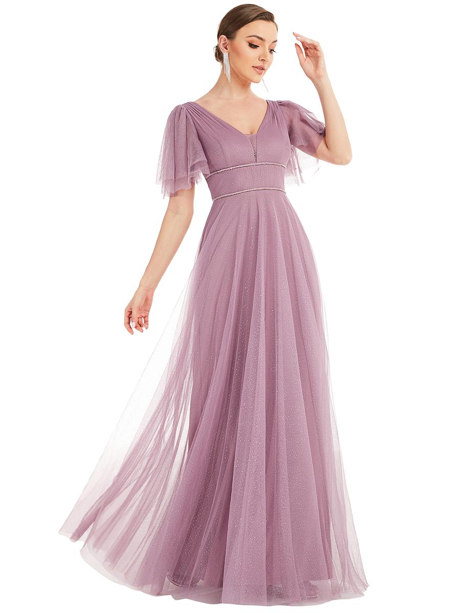 

Всегда красивое женское летнее вечернее платье из тюля с глубоким V-образным вырезом и иллюзорными рукавами 3XL орхидейный