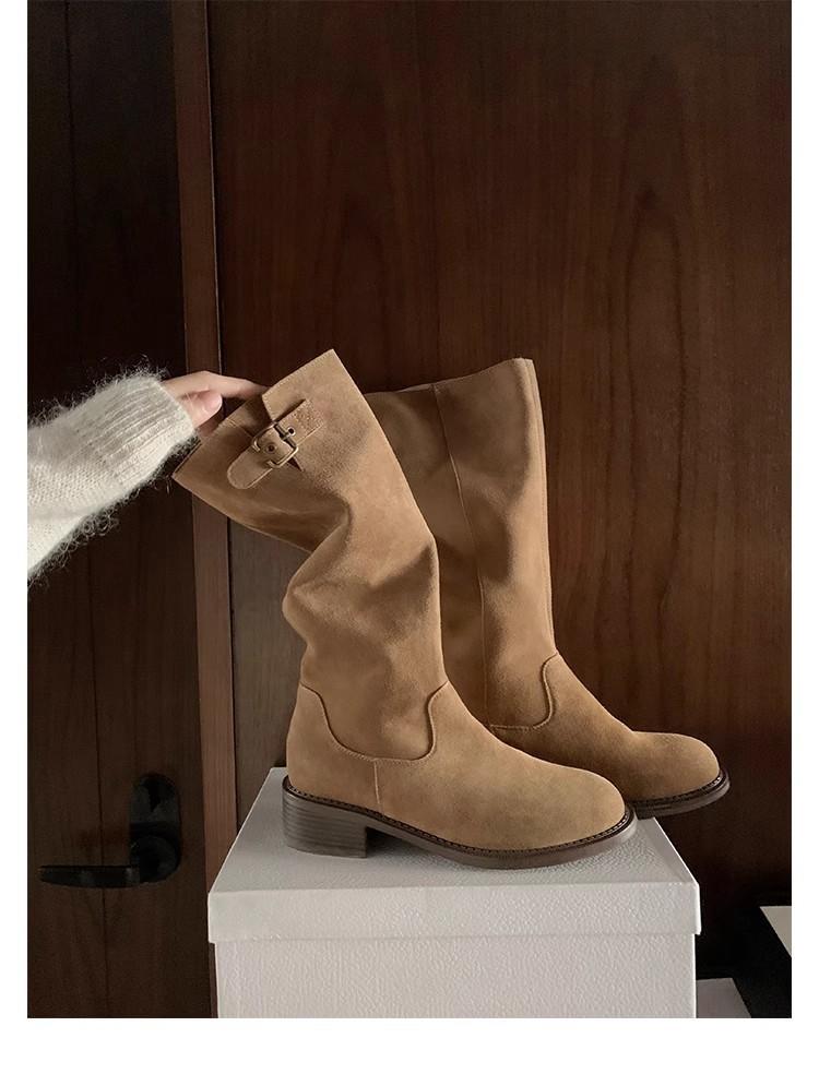 New spot grape mother with the same leg essence girl~ Maillard round head buckle with thick heel but knee boots pile